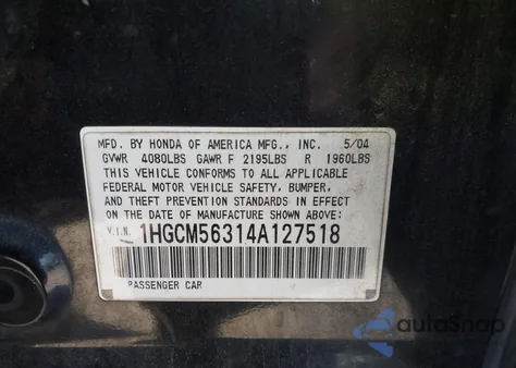 2004 Honda Accord 2.4 Lx from USA, damaged, VIN 1HGCM56314A127518